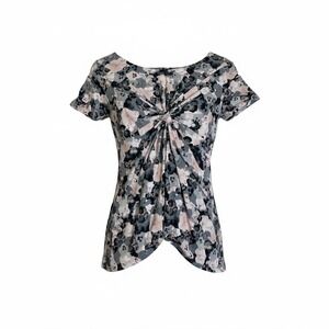 Floral Twist Front Top Short Sleeve Gray Pink Casual Blouse Extra Small